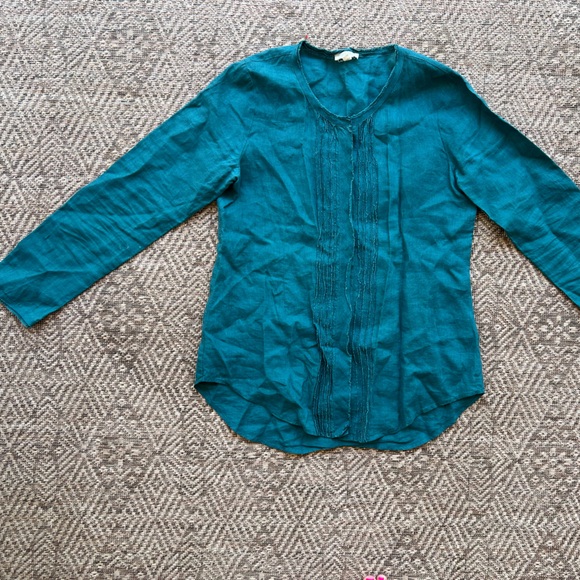 Eileen Fisher Women's Small‎ Petite Green Irish Linen Button Down Shirt Blouse - Picture 1 of 6